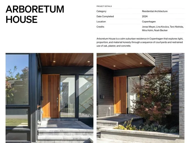 Front entrance of Arboretum House in Copenhagen with wooden door, large windows, stone steps, and a small landscaped tree by the porch.