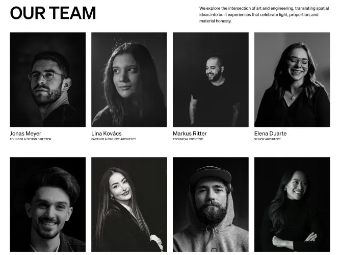 Black and white portraits of eight diverse team members arranged in two rows under the heading 'Our Team.'